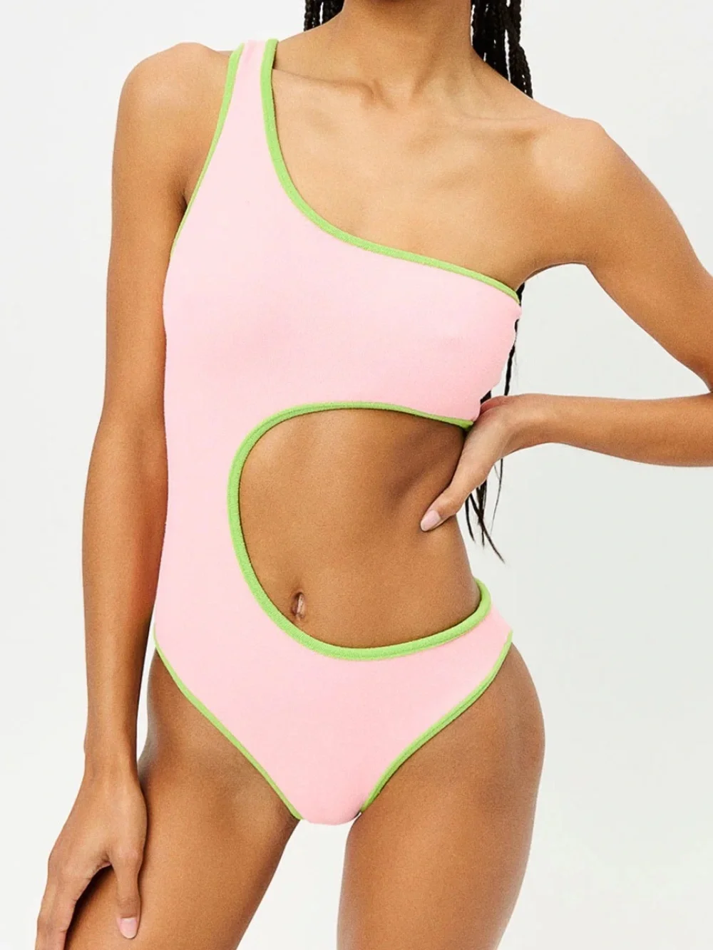 NEW Frankies Bikinis Cutout Pink Green Cash Terry One Piece Swimsuit